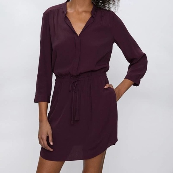 Babaton Aritzia 100% Silk Bennett Dark Purple Mini Dress 3/4 Sleeves V Neck - Picture 1 of 12